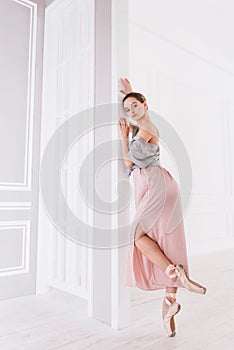 Charming woman posing on tiptoes