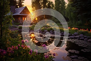 A charming wooden cottage situated by a lake, bathed in the gentle glow of twilight