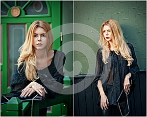 Charming young blonde woman in black blouse posing in front of a green painted door frame.