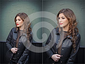 Charming young brunette woman in black leather outfit, coat and trousers, with dark gray wall on background. gorgeous woman