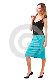 Charming young lady in blue skirt