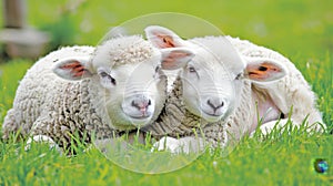 Charming young lamb showing affection while nuzzling its mother in a vibrant green meadow