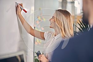 Charming young woman writing on whiteboard at work