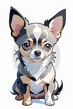 A charmingly vibrant watercolor painting, showcases a delightful merle colored chihuahua, againts a serene white background, dog