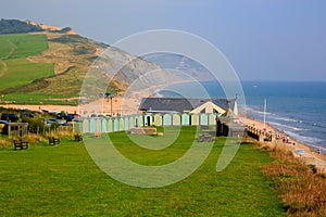 Charmouth Dorset England UK overlooking Lyme Bay with green fields and coast