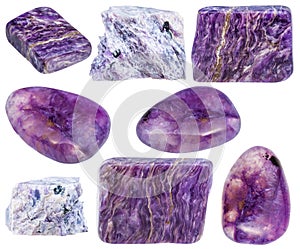 Charoite polished gemstones and rocks isolated