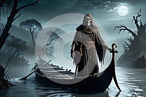 Charon, the Skeletal Ferryman Clad in Tattered Robes, Navigating the Mist-Covered River Acheron with Eerie Wisdom