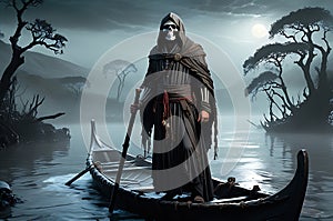 Charon, the Skeletal Ferryman Clad in Tattered Robes, Navigating the Mist-Covered River Acheron with Eerie Wisdom