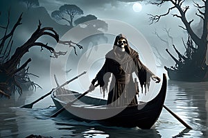 Charon, the Skeletal Ferryman Clad in Tattered Robes, Navigating the Mist-Covered River Acheron with Eerie Wisdom