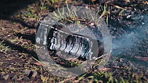 A charred birch log lies on the grass and smokes