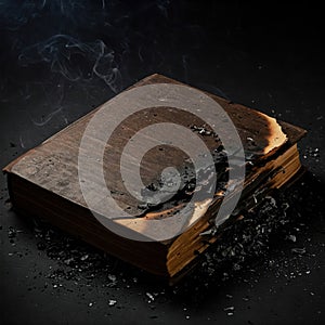 Charred book on a black background.