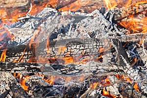 Charred and burning logs inside intense fire with orange and yellow flames in fire pit