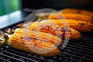 charred corn on the cob on a grill rack, surrounded by smoky air