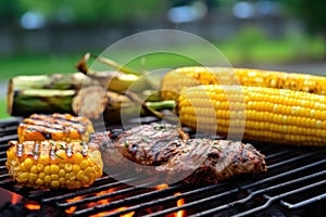 charred corn on the cob next to bbq burgers on a grill