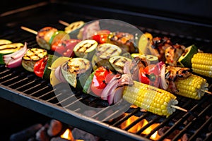 charred corn on the cob and skewered vegetables on a grill