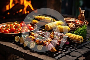 charred corn on the cob and skewered vegetables on a grill