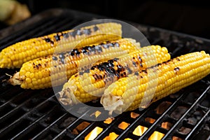 charred corn cobs on a metal grill pan