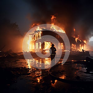 Charred house, firefighter wields water, extinguishing smoldering remnants of the blaze