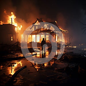 Charred house, firefighter wields water, extinguishing smoldering remnants of the blaze