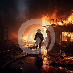 Charred house, firefighter wields water, extinguishing smoldering remnants of the blaze