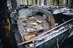 charred remains of a forest cabin