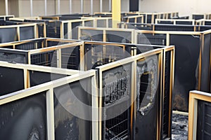charred remains of office cubicles postfire