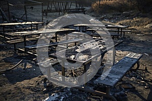 charred remains of a picnic area with table and benches