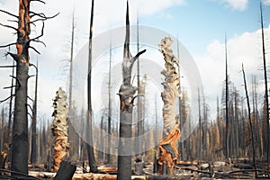 charred trees in aftermath of wildfire