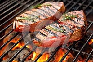 charred tuna steaks on a barbecue grill