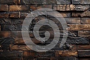 Charred wood planks stacked together to form a rustic background or texture