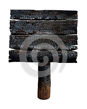 Charred wooden signboard or sign isolated on white