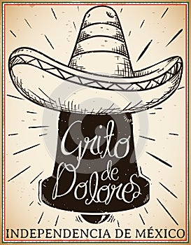 Charro Hat Draw over Hidalgo`s Bell for Mexico`s Independence Day, Vector Illustration photo