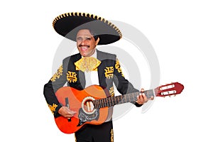 Charro mexican Mariachi playing guitar on white photo