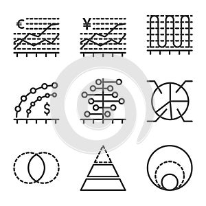 Chart and analytic icon set outline 2 include analytic, chart, graph, info graphic, statistic, finance, report