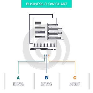 chart, data, graph, reports, valuation Business Flow Chart Design with 3 Steps. Line Icon For Presentation Background Template