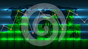 Chart graph on background of world map with emerging digital global technologies. Map of Earth from binary code, abstract