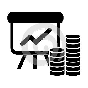 Chart, graph, diagram with round metal money and piles, stacks of metal coins, symbol of economy growth, progress, profit, wealth,