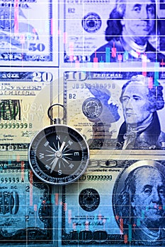 Chart graph spreadsheet on US dollar banknotes money with compass. Choosing the direction.
