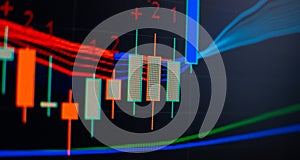 Chart on LED display concept. A large display of daily stock market price and quotation. Indicator financial forex trade