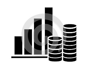 Chart with round metal money and piles, stacks of metal coins, symbol of economy growth, profit, wealth, treasure