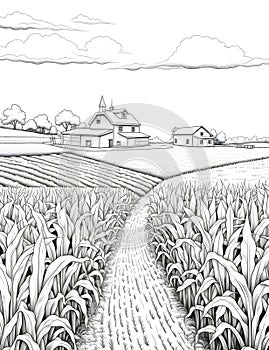 Charta White coloring book corn field, farm and houses in the background. Corn as a dish of thanksgiving for the harvest, picture photo