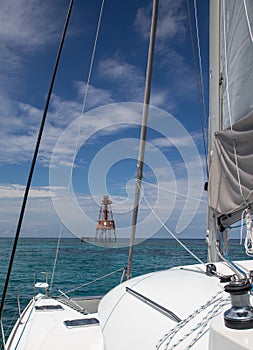 Charter Catamaran Approaches Reef Lighthouse