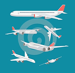 Charter flat airplane in various point of view. Civil aircraft journey and aviation vector symbols isolated