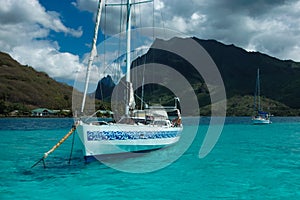 Charter yacht anchored off Mo'orea, Tahiti