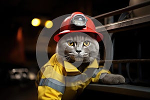 Chartreux Cat Dressed As A Fireman At Work