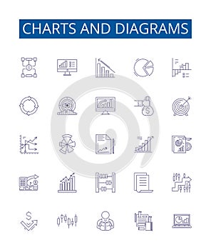 Charts and diagrams line icons signs set. Design collection of Graphs, Plots, Tables, Maps, Diagrams, Charts, Pie, Line