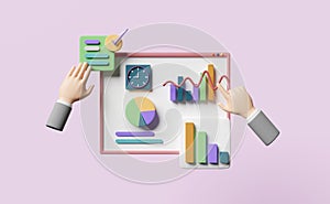 Charts and graph with businessman hand,check,analysis business financial data,clock isolated on pink background,Online marketing