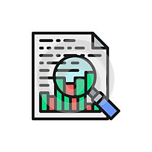 Charts and graphs, document with statistic and magnifying glass flat color icon.