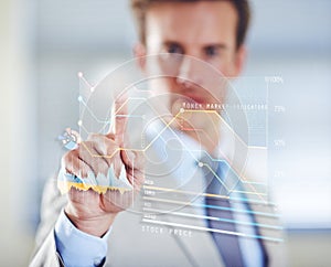 Charts hologram, hand or businessman in the stock market for finance analysis, trading database or economy. Touchscreen