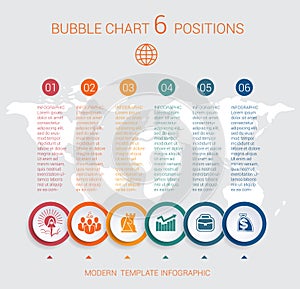 Charts infographic step by step 6 positions colorful bubbles